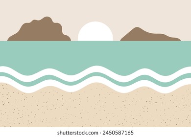 Sea sandy beach in abstract style. Sandy beach overlooking the sea and mountains. Simple vector illustration of paradise beach in flat style for design. Summer vacation.