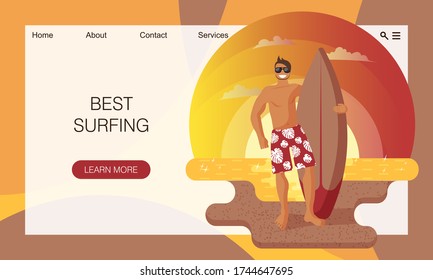 Sea and sandy beach on sunset. Happy male surfer in red shorts is holding surfboard. Summertime sport and activities. Flat cartoon vector illustration. Concept of touristic website landing page design