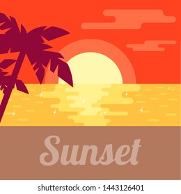 Sea and sandy beach at sunset. Silhouettes of palm trees. The Shine of the water. Flat vector background