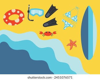 Sea sandy beach. Sea waves splashing on the sandy coast with elements for swimming and snorkeling. Vector illustration in flat style top view