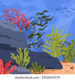 Sea sandy bottom, part of the rock, stones, plants. Green and red algae. Corals. Blue water, rays of light and fish. Banner. Diversity of the underwater ecosystem. Vector illustration.