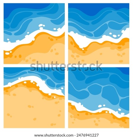 Sea sandy cartoon beach top view, square banners set. Summer tropical ocean landscapes from above. Blue turquoise water waves and yellow sand, happy vacation cards cartoon vector illustration