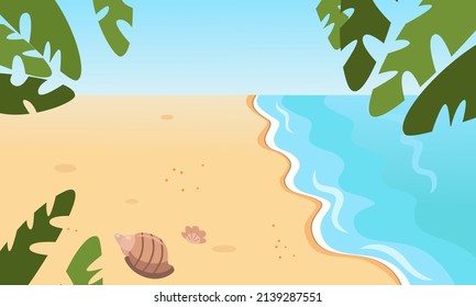 Sea sandy shore with clouds and waves in cartoon flat style. Blue sky and water and clean yellow sand. Plant leaves are visible in the foreground. The mood of freedom and serenity.