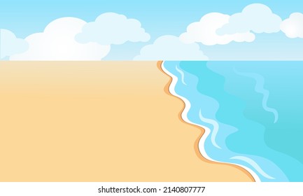 Orilla de arena marina con nubes y olas en estilo plano de dibujos animados. Cielo azul, agua y arena amarilla limpia. El ánimo de libertad y serenidad.