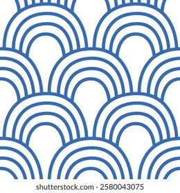 Sea scallop seamless pattern. Ocean wave endless background. Simple arch repeat cover. Seigaiha oriental continuous ornament. Surface pattern line design motif. Vector hand drawn flat illustration.
