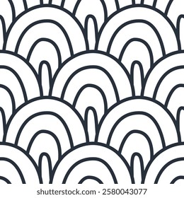 Sea scallop seamless pattern. Ocean wave endless background. Simple arch repeat cover. Seigaiha oriental continuous ornament. Surface pattern line design motif. Vector hand drawn flat illustration.