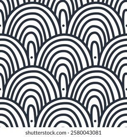 Sea scallop seamless pattern. Ocean wave endless background. Simple arch repeat cover. Seigaiha oriental continuous ornament. Surface pattern line design motif. Vector hand drawn flat illustration.