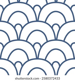 Sea scallop seamless pattern. Ocean wave endless background. Simple arch repeat cover. Seigaiha oriental continuous ornament. Surface pattern line design motif. Vector hand drawn flat illustration.