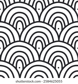 Sea scallop seamless pattern. Ocean wave endless background. Simple arch repeat cover. Seigaiha oriental continuous ornament. Surface pattern line design motif. Vector hand drawn flat illustration.