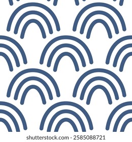 Sea scallop seamless pattern. Ocean wave endless background. Simple arch repeat cover. Monochrome rainbow continuous ornament. Surface pattern design underwater motif. Vector hand drawn illustration.