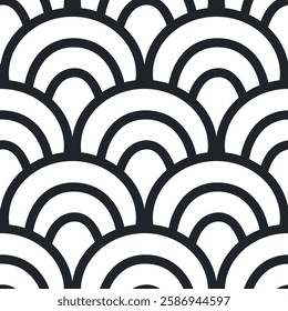Sea scallop seamless pattern. Ocean wave endless background. Simple arch repeat cover. Seigaiha oriental continuous ornament. Surface pattern line design motif. Vector hand drawn flat illustration.