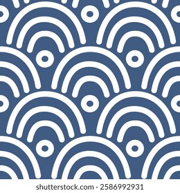 Sea scallop seamless pattern. Ocean wave endless background. Simple arch repeat cover. Seigaiha oriental continuous ornament. Surface pattern line design motif. Vector hand drawn flat illustration.