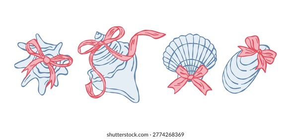 Sea scallop and set shells with pink bows, nautical coquette aesthetic illustration.