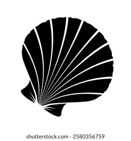 Sea scallop shell or bivalve mollusk shell, black silhouette isolated on white. Segmented shape, stencil style. Vector clipart, monochrome sign for illustration, marine design, icon or  logo.