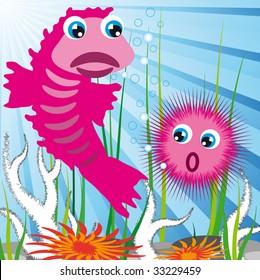 sea scape bottom with fish and sea-urchin
