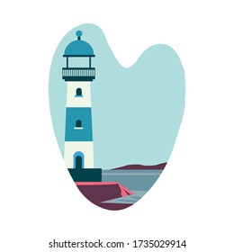 sea scape flat scene with lighthouse vector illustration design