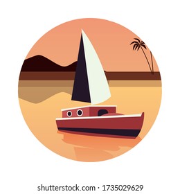 sea scape flat scene with palms and sailboat vector illustration design