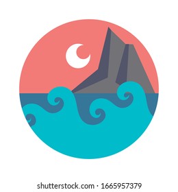 sea scape scene with moon and mountain flat style icon vector illustration design