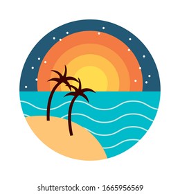 sea scape scene with palms flat style icon vector illustration design
