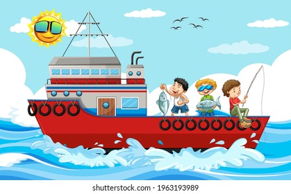 Sea scene with children fishing from ship illustration