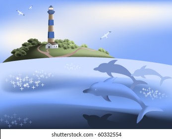 Sea scene with dolphins and a lighthouse on the island