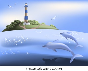 Sea scene with dolphins and a lighthouse on the island