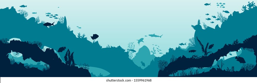  Sea scene with the underwater world. Coral reefs. Tropical sea with water mimicry and its inhabitants. Silhouette of fish and algae. Vector.