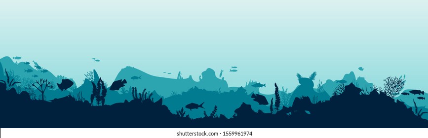  Sea scene with the underwater world. Coral reefs. Tropical sea with water mimicry and its inhabitants. Silhouette of fish and algae. Vector.