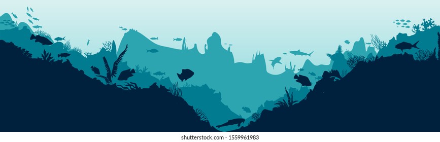  Sea scene with the underwater world. Coral reefs. Tropical sea with water mimicry and its inhabitants. Silhouette of fish and algae. Vector.