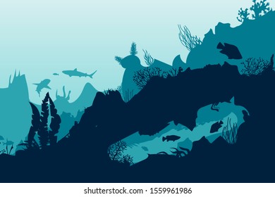  Sea scene with the underwater world. Coral reefs. Tropical sea with water mimicry and its inhabitants. Silhouette of fish and algae. Vector.