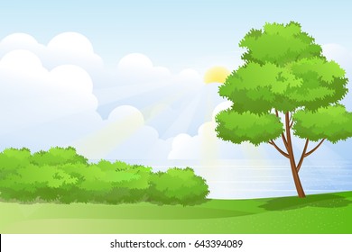 Sea Scenery from Hill with Sunlight Through the Clouds.Summer Day Landscape of  Seaside.