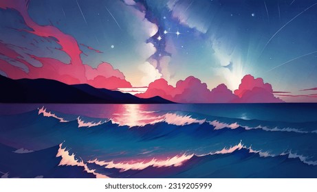 Sea Scenery or Seascape with Beautiful Stars in The Night Sky Hand Drawn Painting Illustration