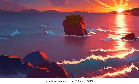 Sea Scenery or Seascape with Rocks at Dawn or Dusk Hand Drawn Painting Illustration