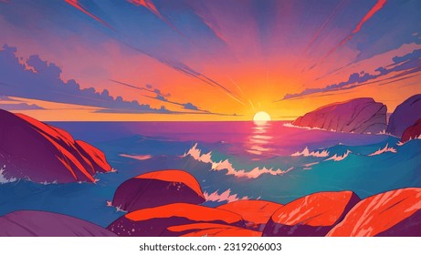 Sea Scenery or Seascape with Rocks at Dawn or Dusk Hand Drawn Painting Illustration