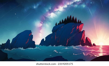 Sea Scenery or Seascape with Rocks and Stars in The Night Sky Hand Drawn Painting Illustration