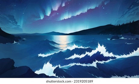 Sea Scenery or Seascape with Rocks and Stars in The Night Sky Hand Drawn Painting Illustration