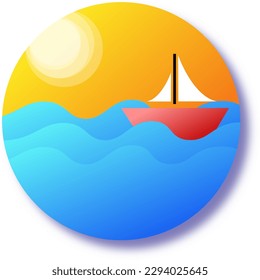 Ilustración vectorial del paisaje marino. Barco rojo navegando en el mar. Hermoso vector de paisaje. Mar azul y puesta de sol.