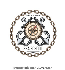 Seeschule heraldische Vektorsymbol von Kompass und Kreuzankern, nautische und Segelausbildung. Vintage-Meereswind-Rose, Segelschiff- oder Bootsanker im Rahmen der Yachtkette einzeln auf Rundsymbol