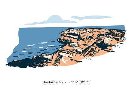 sea sciff rock view vector sketch landscape line illustration skyline