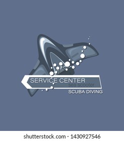 Sea scooter with an arrow. Scuba diving. Service center. Emblem on a gray background. The concept of sports diving.