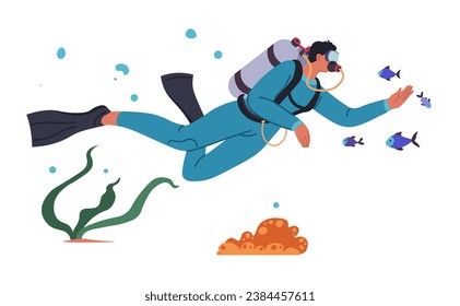 Submarinismo. Hombre con traje de buceo, gafas y natación submarina. Arrecifes, algas y peces. El baño submarino en el mar o en el océano. Actividad marina al aire libre, vacaciones de verano. Vector de estilo plano