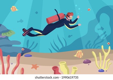 Sea scuba diving. Man swims underwater. Character dives with goggles and aqualung. Undersea swimming in tropical ocean. Marine outdoor activity. Vector summer vacation illustration