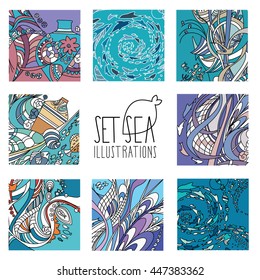 The sea (seabed) illustrations set.
Design for poster, card, invitation, placard, brochure, flyer. Vector. Isolated.