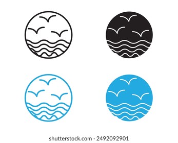Sea with seagull icon black and white vector outline sign