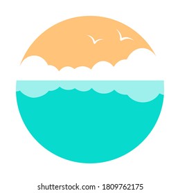Mar con gaviotas y nubes. Ilustración circular vectorial en estilo plano.