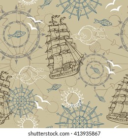 Sea seamless background with old marine symbols, compass and ship. Line art sea vector. Doodle illustration with vintage transportation emblems, hand drawn repeated background