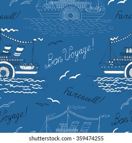 Sea seamless background with old steam ship. Doodle line art with hand drawn design elements