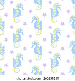 Sea seamless colorful pattern with sea horses and starfishes on white background. Vector
