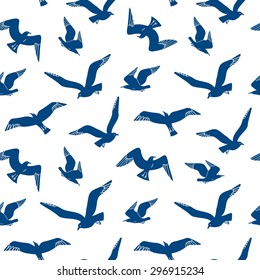 Sea seamless hand drawn pattern with flying seagulls