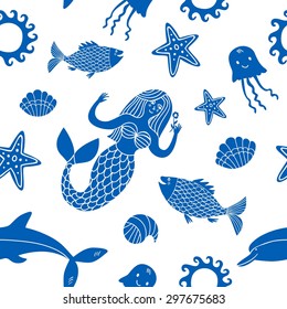 Sea seamless hand drawn pattern with sea star, mermaid, shell, dolphin and sun